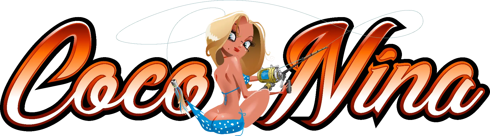 Coco Nina custom boat name design with pin-up angler illustration