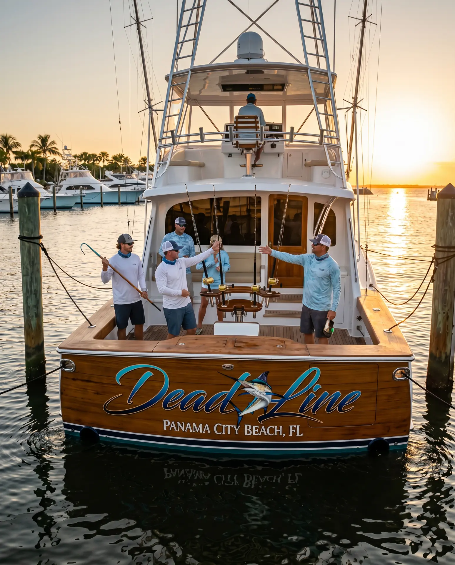 Sportfishing boat Dead Line with custom transom name design at sunset