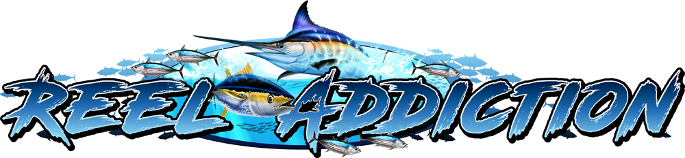 Reel Addiction boat graphic with marlin and tuna school illustration