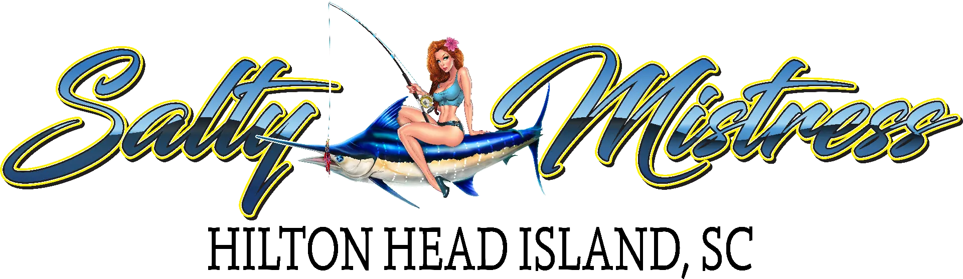 Salty Mistress transom design with marlin and angler illustration