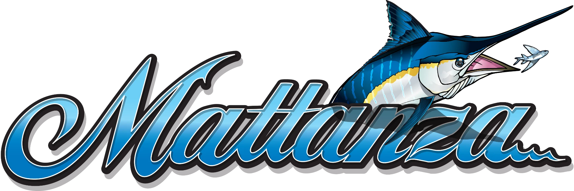 Mattanza boat name decal with blue marlin chasing a flying fish