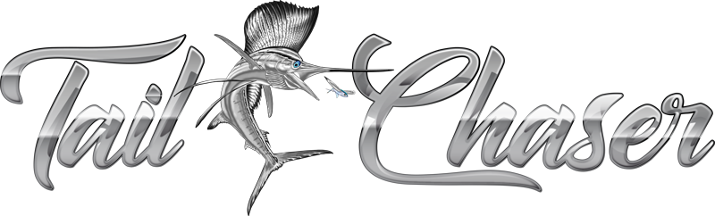 Tail Chaser chrome-style boat name design with sailfish and flying fish illustration